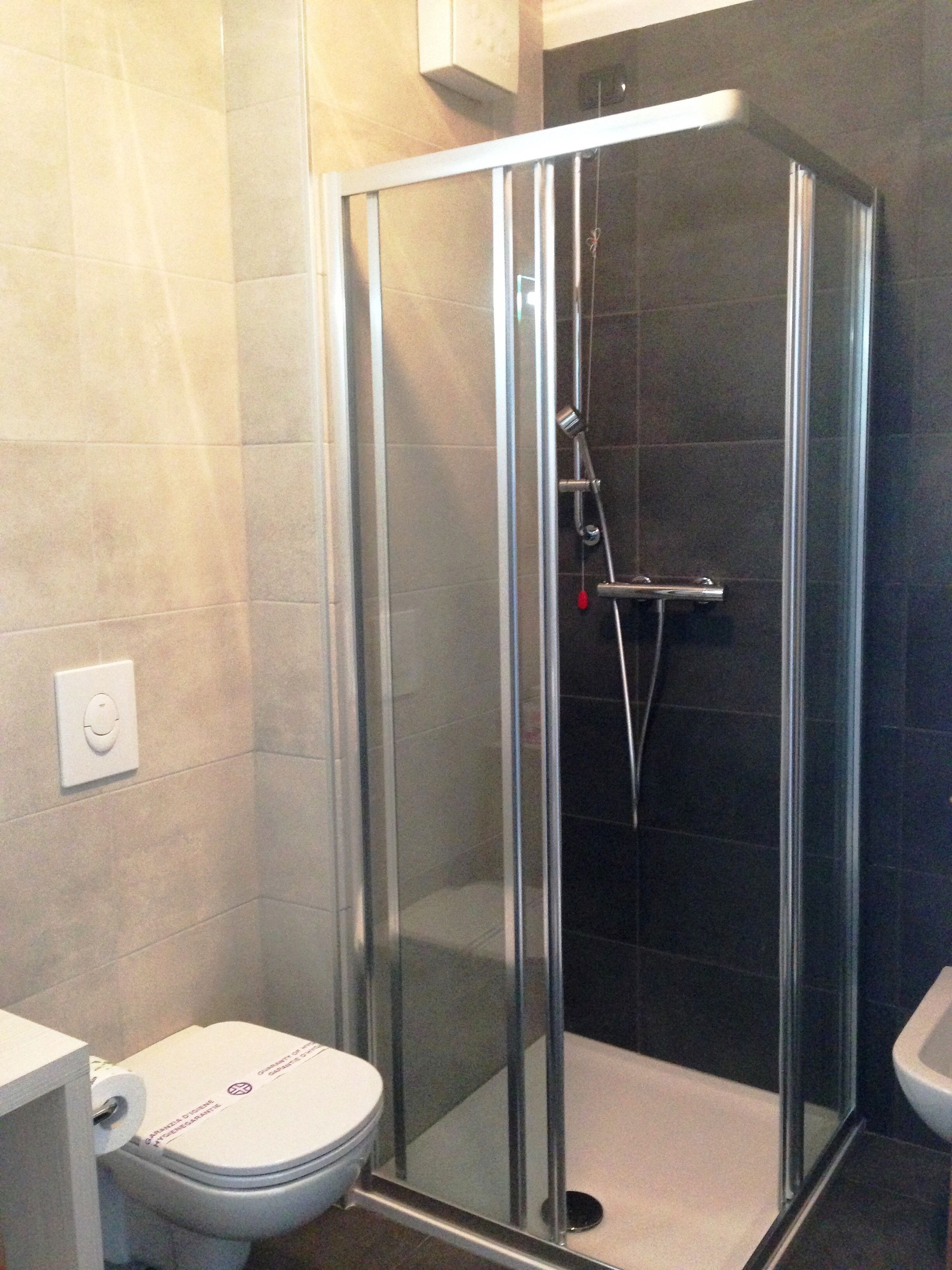 A bathroom with a glass-enclosed shower, a toilet, and a sink.
