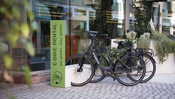 Un cartel de alquiler de bicicletas con fondo verde y letras blancas, situado junto a una bicicleta.