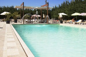 Seasonal outdoor pool, open 9 AM to 7:30 PM, pool umbrellas