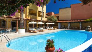 Seasonal outdoor pool, pool umbrellas, pool loungers
