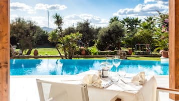 Frühstück und Abendessen, Blick auf den Pool
