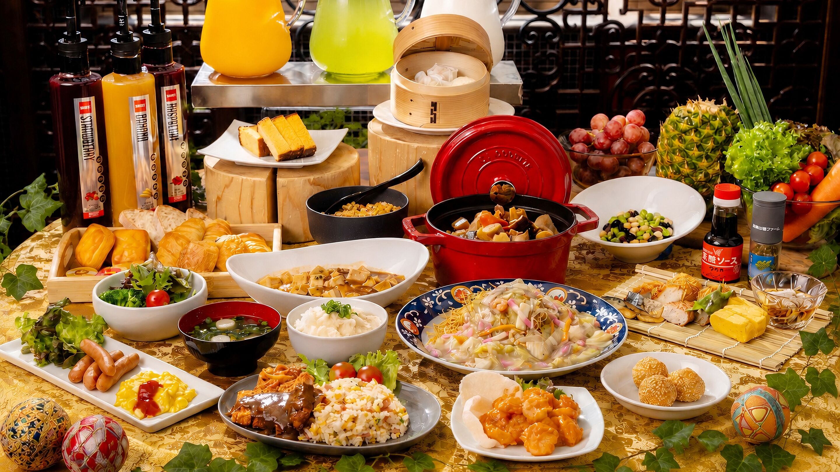 A variety of dishes and food items on a table, including a red pot, bowls of soup, and plates of food.