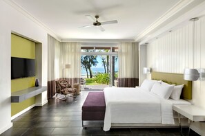 A modern hotel room with a large bed, a television, a seating area with a chair, and a view of the ocean.