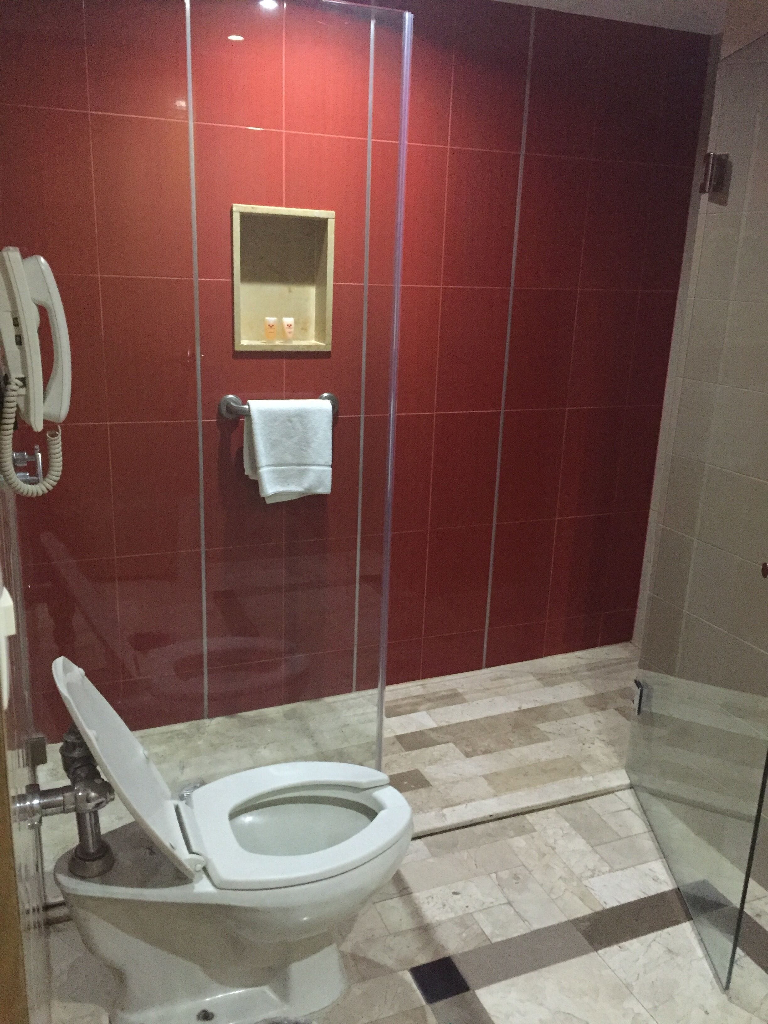 A bathroom with a toilet, a glass shower enclosure, a red tiled wall, and a phone mounted on the wall.
