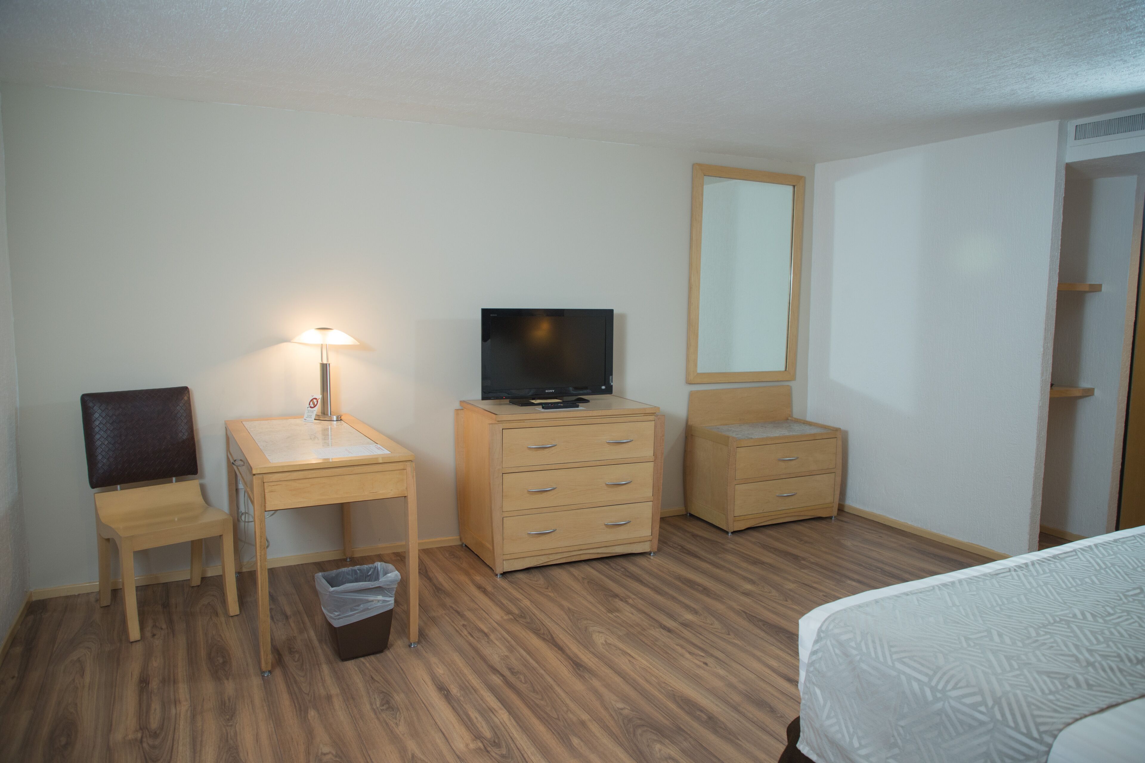 Habitación de hotel con una cama, un escritorio con lámpara, televisión, un mueble bajo y un cubo de basura.