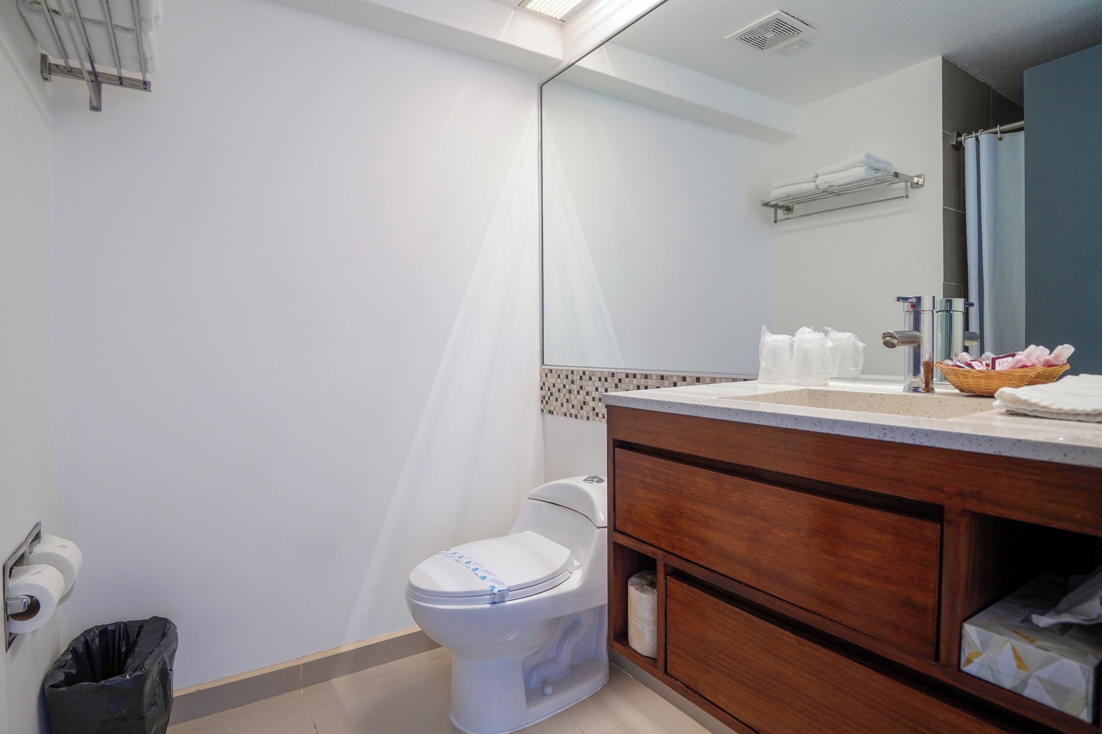 A bathroom with a toilet, a sink with a mirror, a towel rack, and a trash bin.