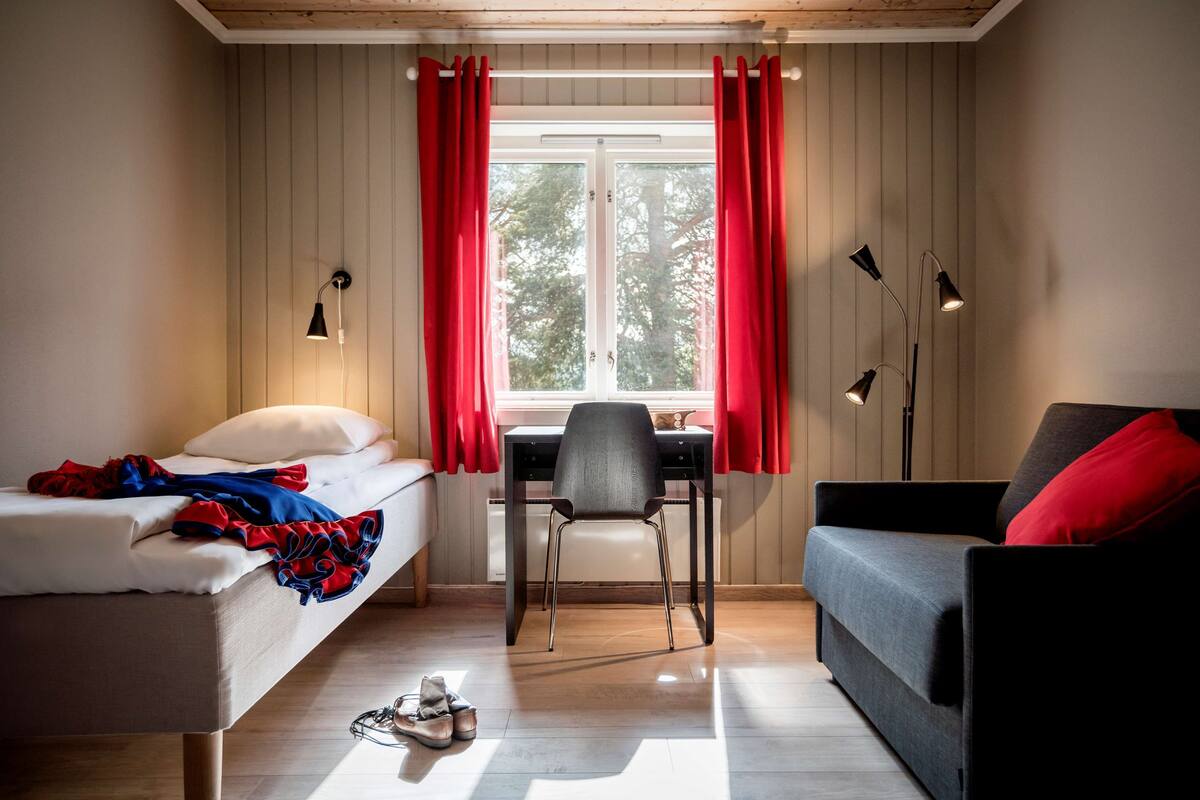 A room with a bed, a desk, a chair, a sofa, and a window with curtains.