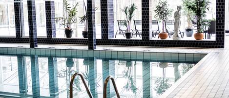 Una piscina interior con paredes de vidrio transparente, plantas en macetas y una estatua.