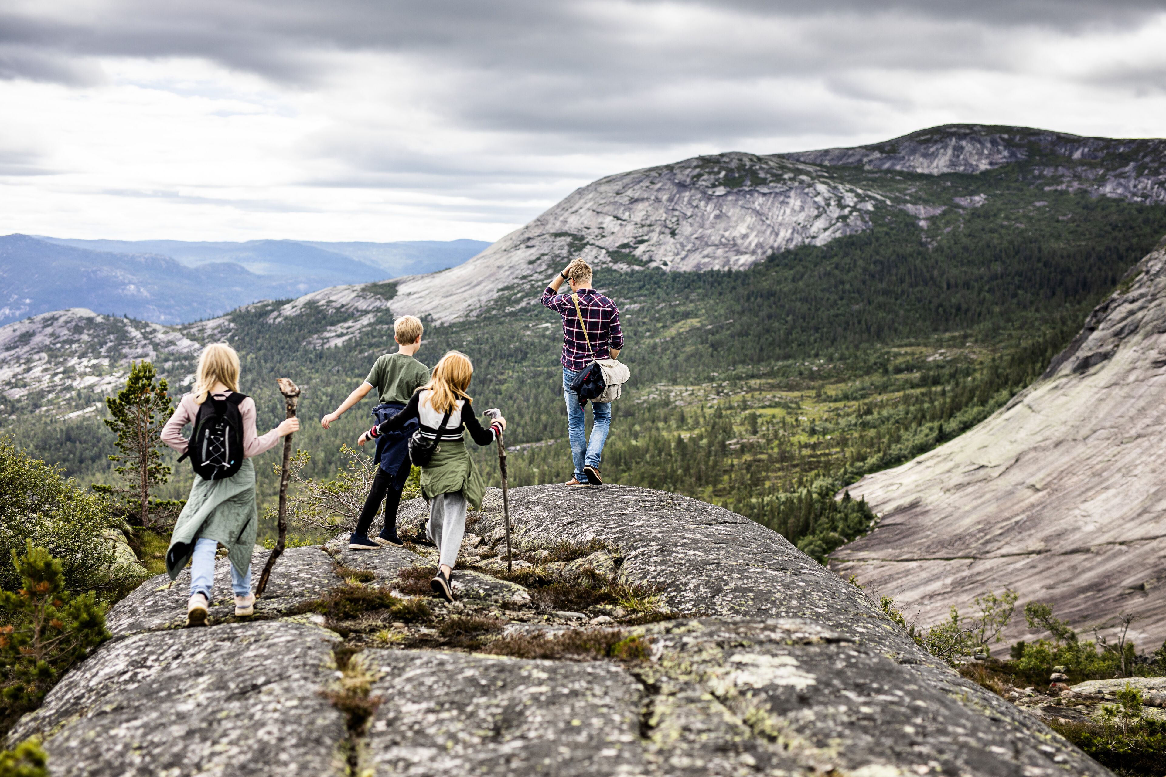 A group of hikers on a rocky mountain peak with a vast forested valley in the background.