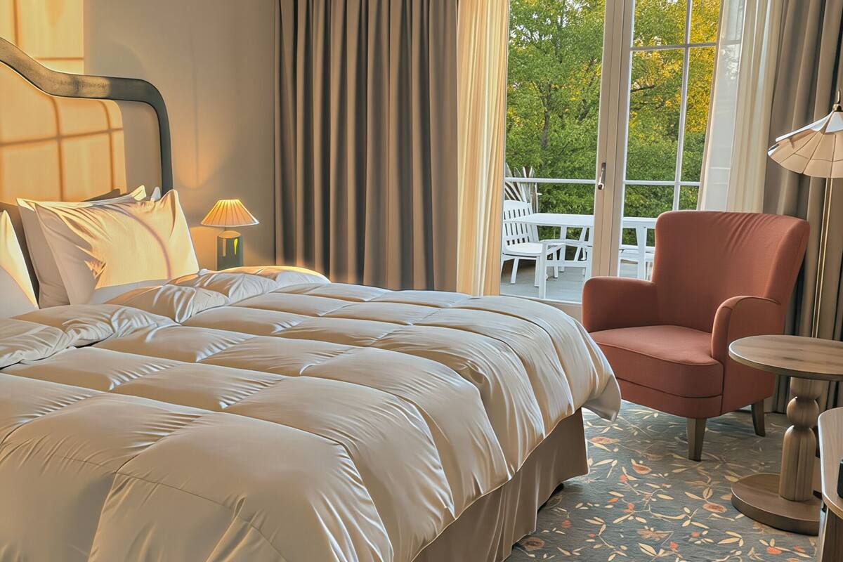 Une chambre d’hôtel avec un grand lit, une chaise, une petite table et une vue sur l’extérieur.
