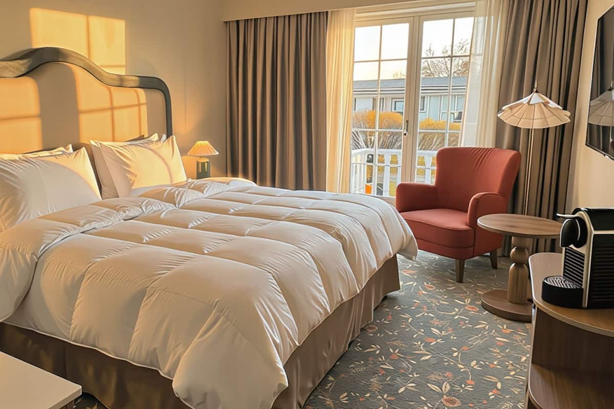 Une chambre d’hôtel avec un grand lit, une chaise, une petite table et une fenêtre avec des rideaux.