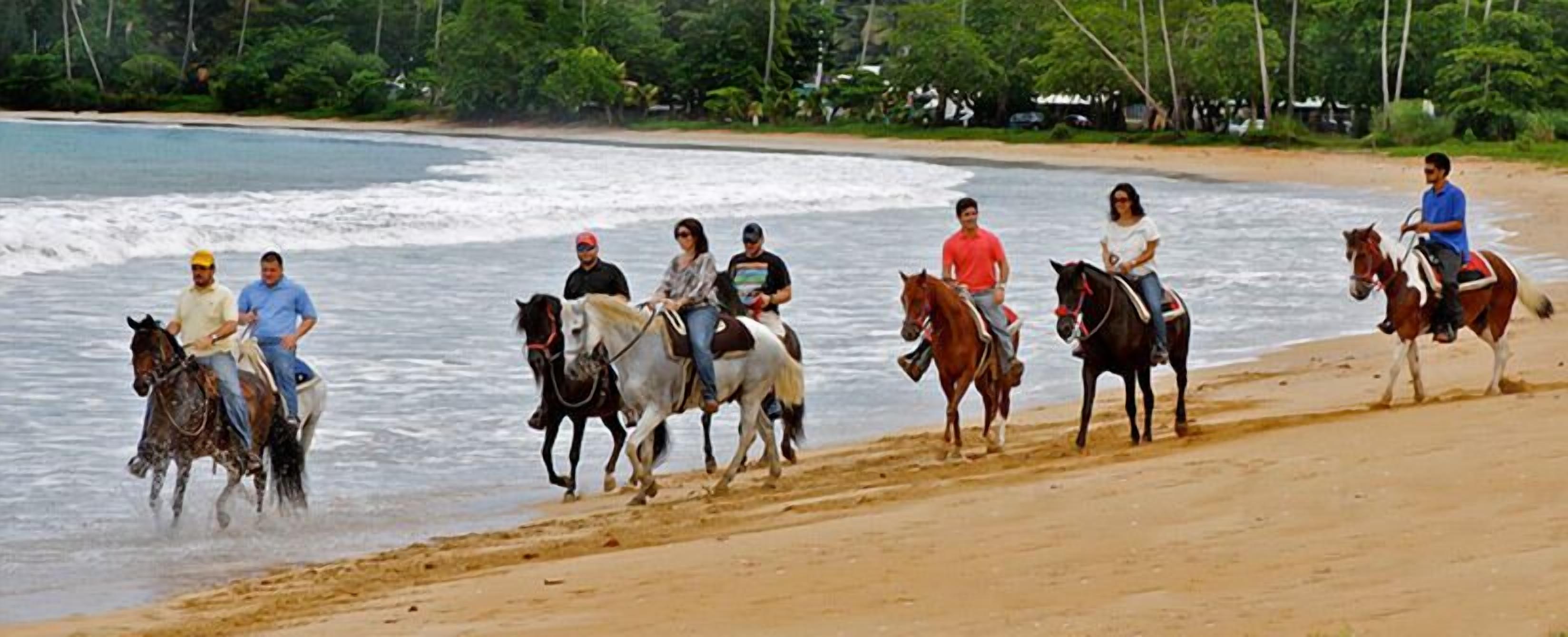 A beach with people riding horses along the shoreline.