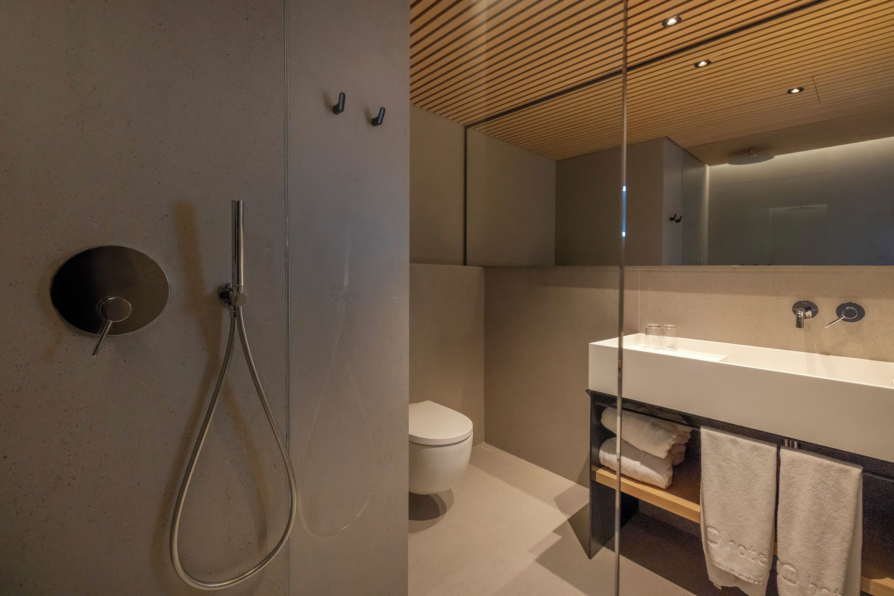 A modern bathroom with a glass-enclosed shower, a white toilet, and a vanity with a mirror and towel rack.