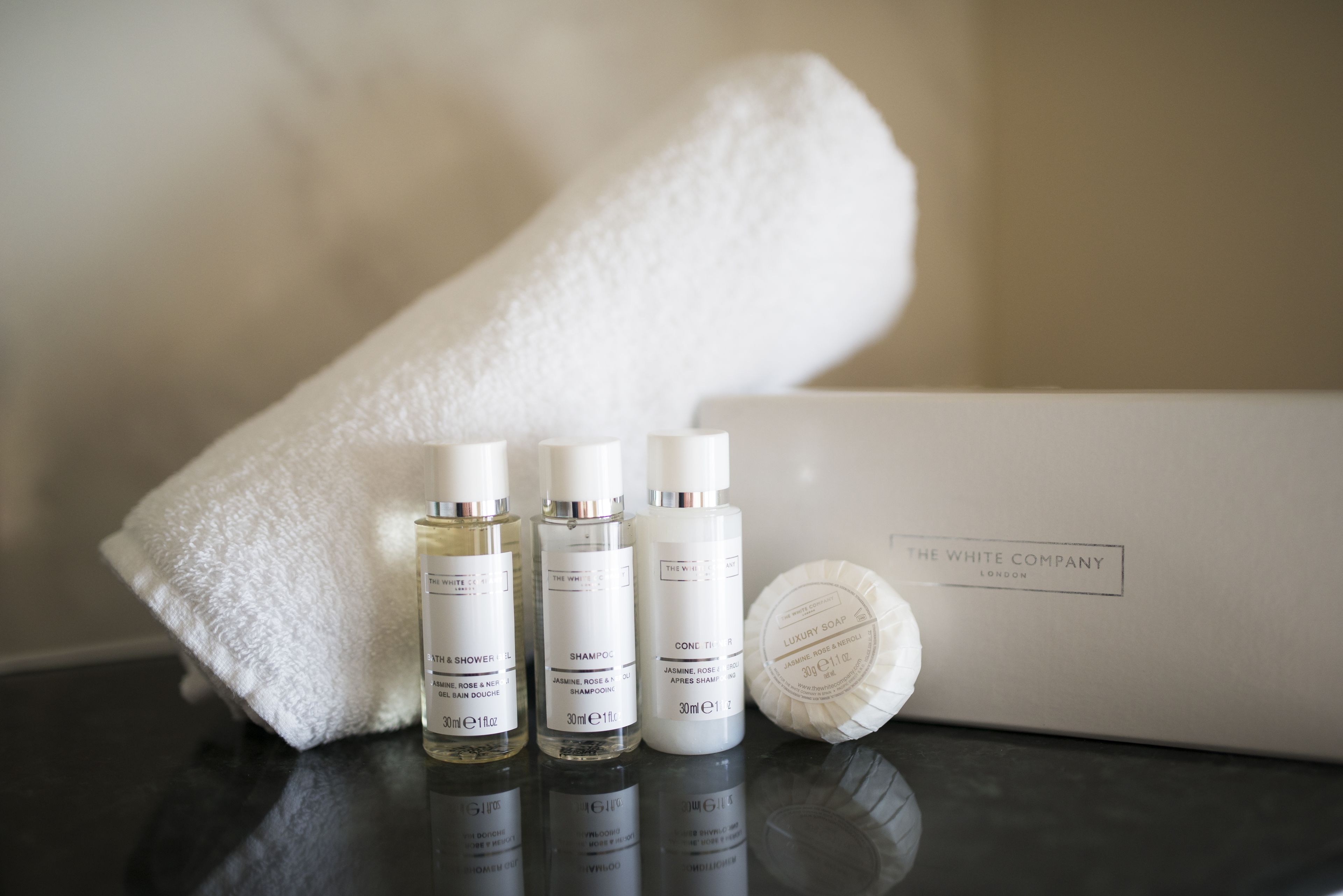 combined shower/bathtub, free toiletries, hair dryer, towels