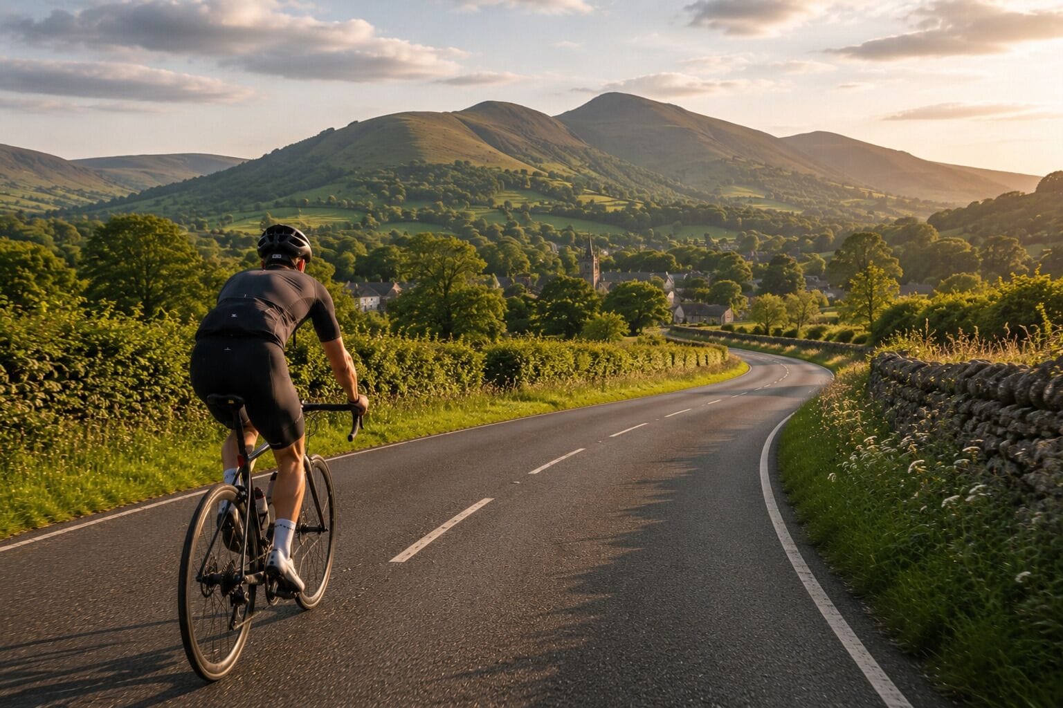 Un ciclista en un camino sinuoso con un paisaje rural y colinas al fondo.