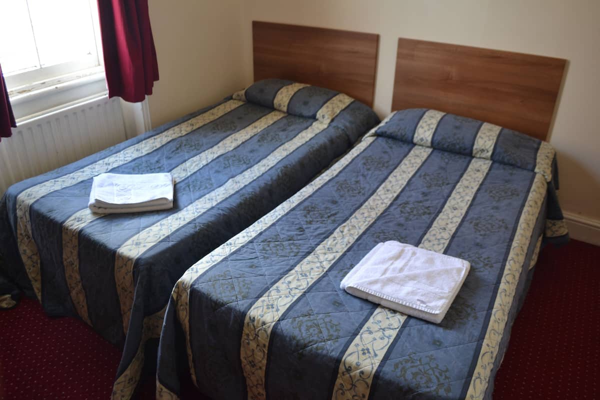 Two single beds with matching headboards and footboards, a window with curtains, and a radiator.