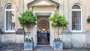A grand entrance with a central archway, flanked by two large potted trees and a decorative circular motif above. - Bailbrook House (Bath)