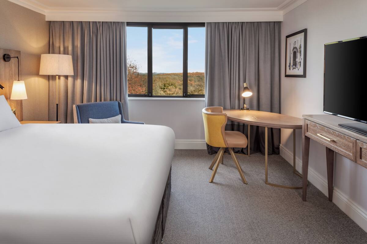 A hotel room with a large bed, a desk with a chair, a television, and a window with curtains.
