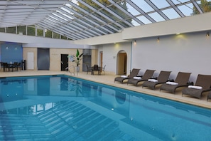 An indoor swimming pool with lounge chairs and a glass ceiling.