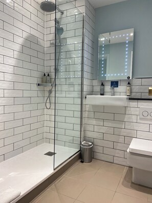 Combined shower/tub, free toiletries, hair dryer, towels