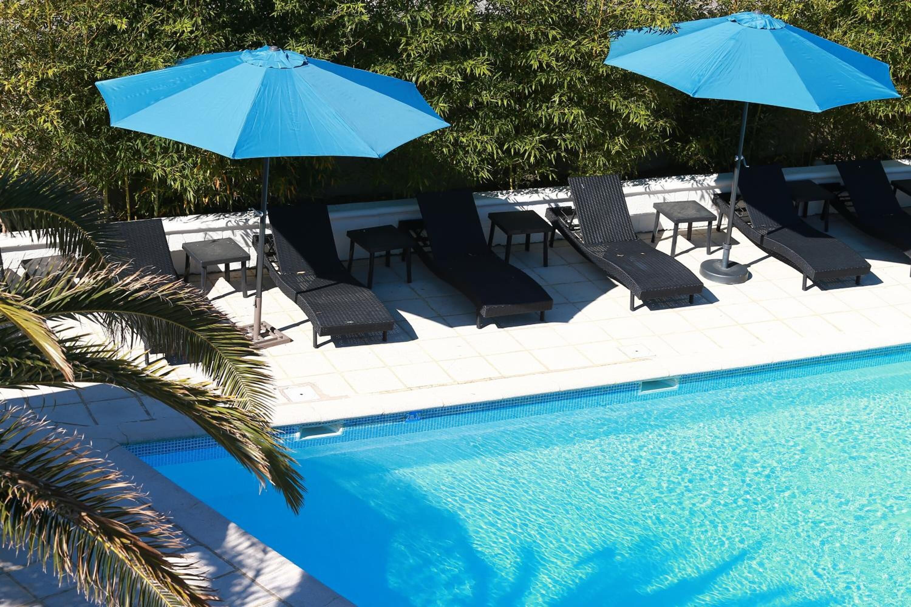 seasonal outdoor pool, open 8:00 am to 8:00 pm, pool loungers