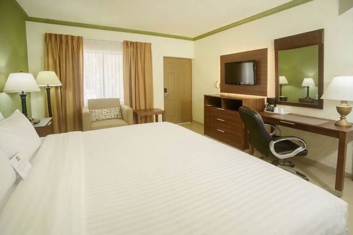 Una habitación de hotel con una cama grande, un escritorio con silla, un televisor y un espejo.