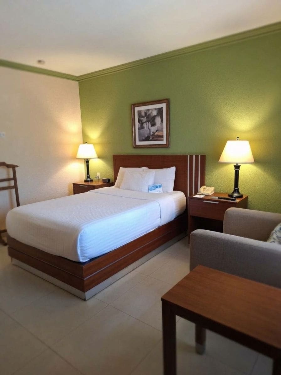 Una habitación de hotel con una cama, dos mesitas de noche con lámparas, una silla y una pequeña mesa.
