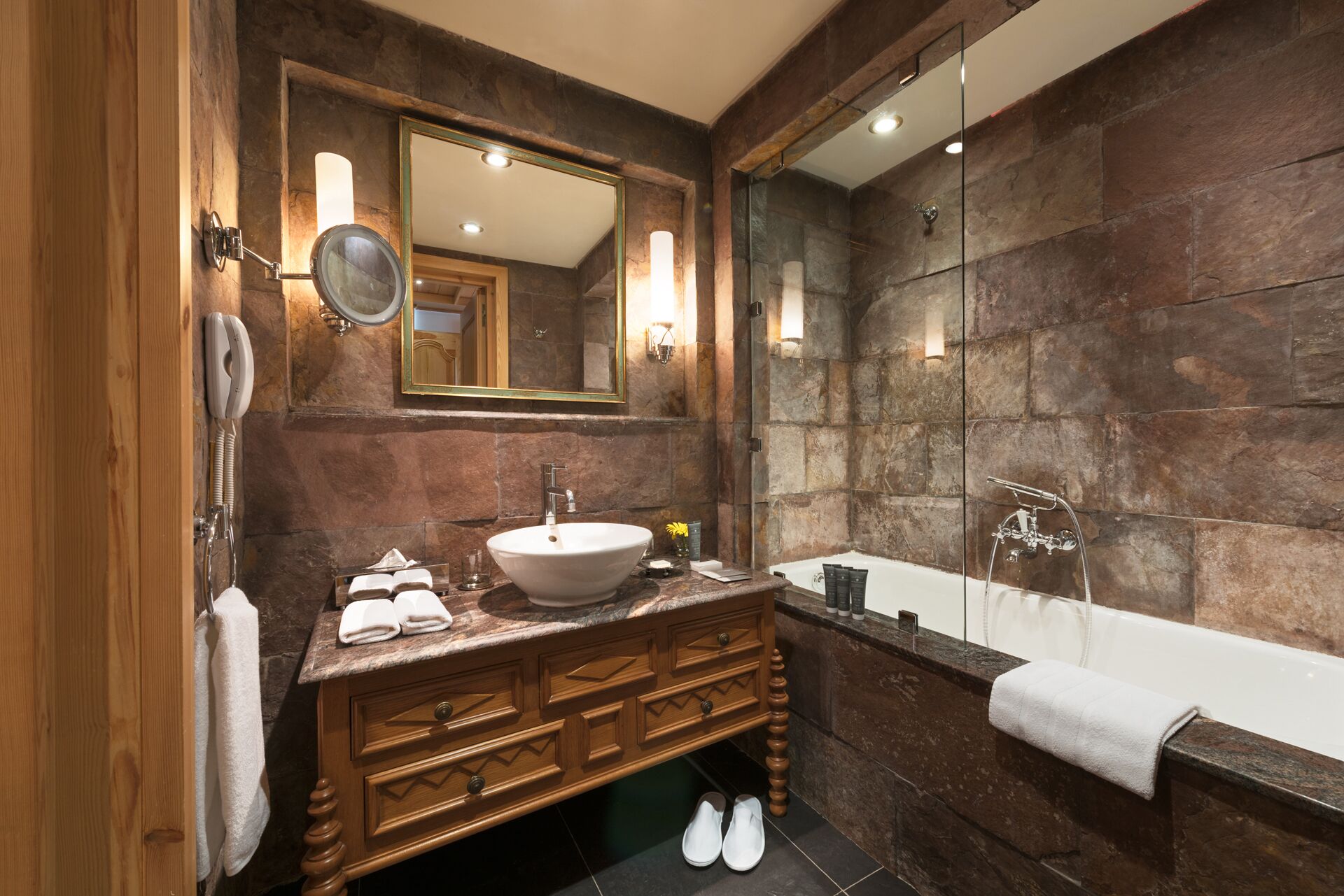 combined shower/bathtub, deep-soaking bathtub, designer toiletries