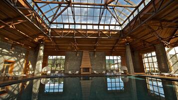 Indoor pool, seasonal outdoor pool, pool umbrellas, sun loungers