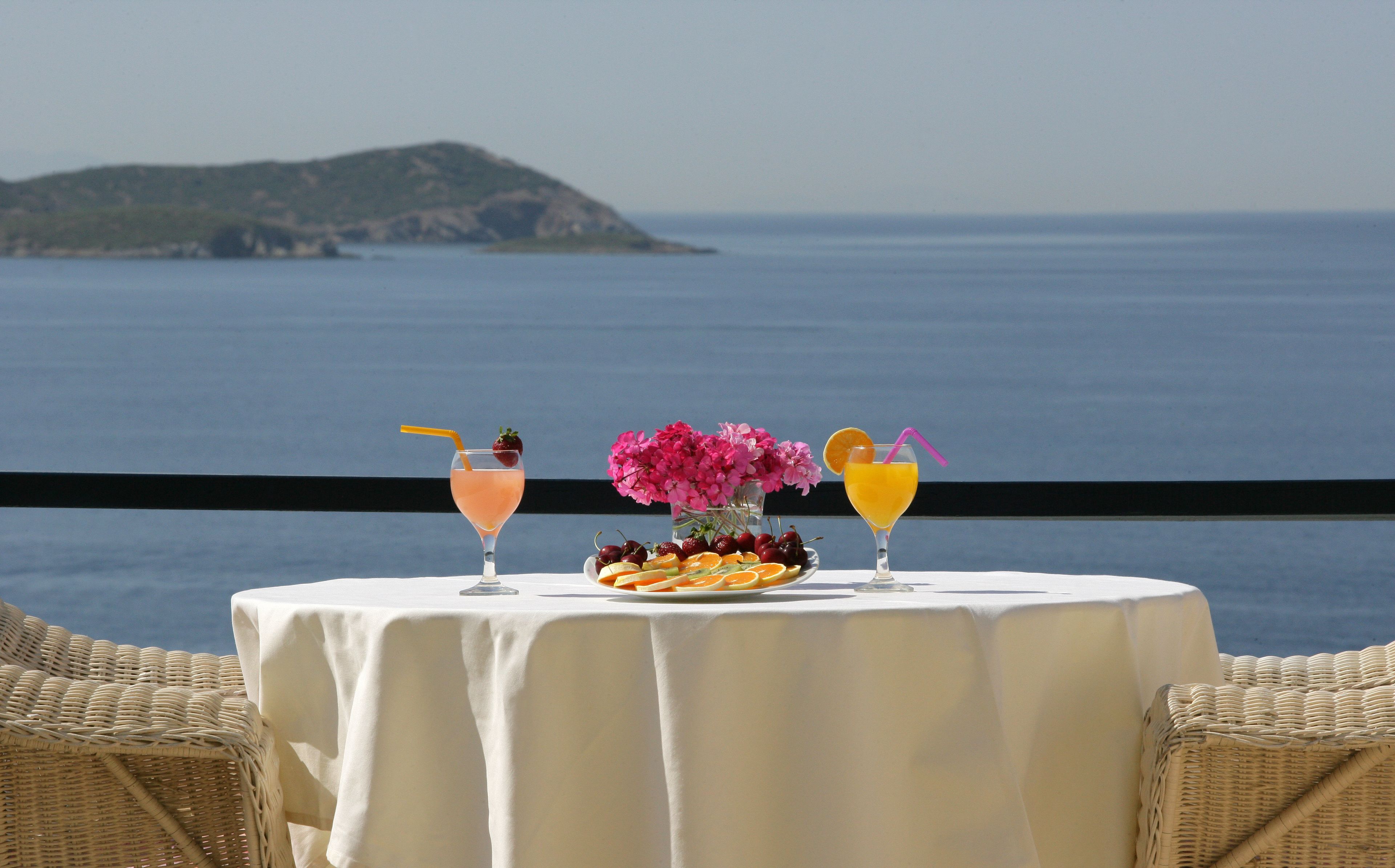 Una mesa con bebidas y fruta, con vista a un cuerpo de agua y una isla distante.