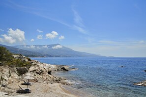 On the beach, sun loungers, beach umbrellas, beach bar