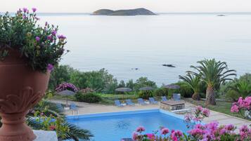 Outdoor pool, pool umbrellas, pool loungers