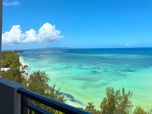 Une vue sur la côte, avec une eau turquoise cristalline, une plage de sable et une végétation luxuriante.