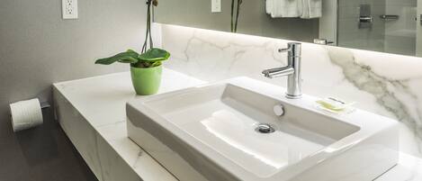 Une salle de bain avec un lavabo blanc, une plante verte et un miroir qui reflète un porte-serviettes et l’espace de la douche.