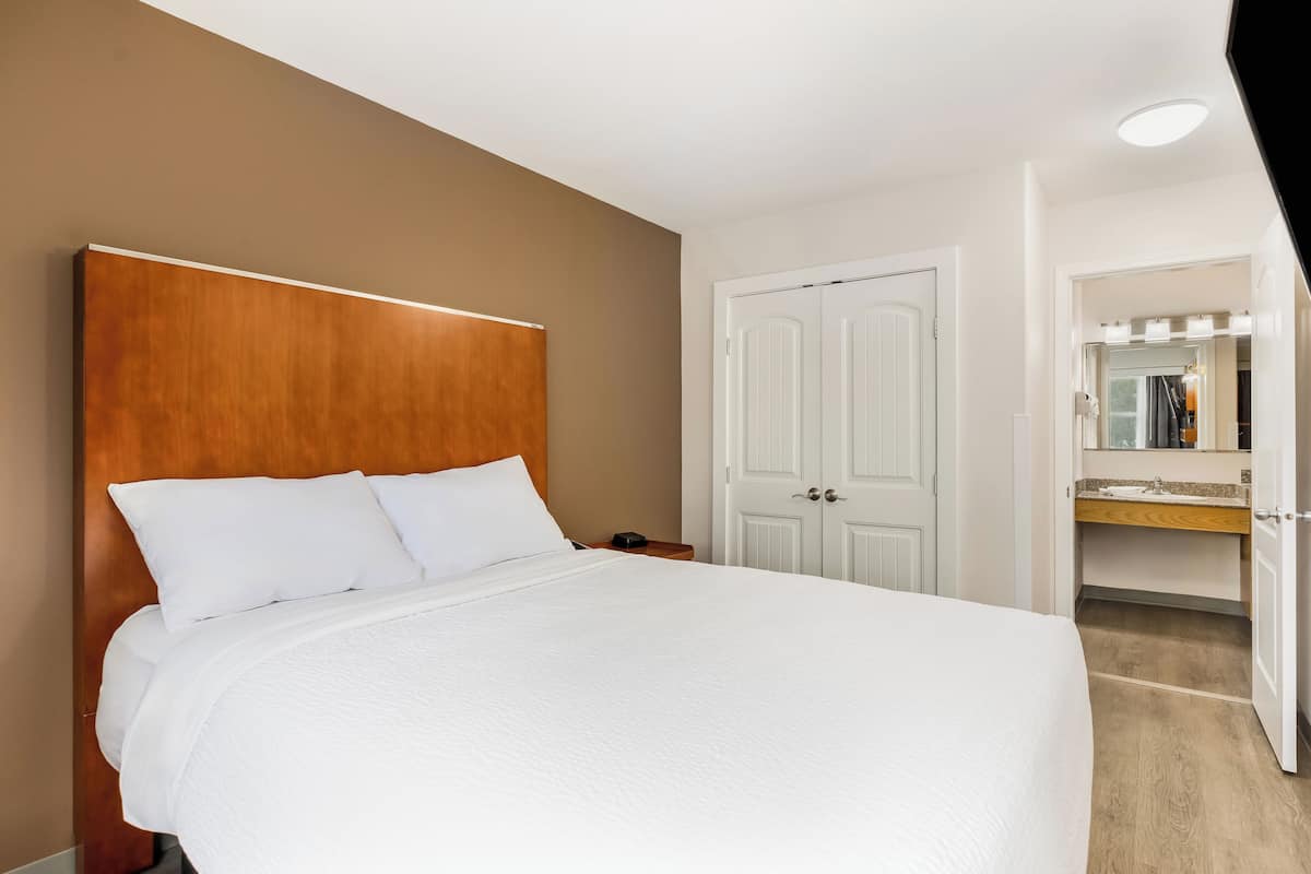 1 Queen Bed, Efficiency Studio Suite, Non-Smoking | Värdeförvaringsskåp på rummet, skrivbord och strykjärn/strykbräda