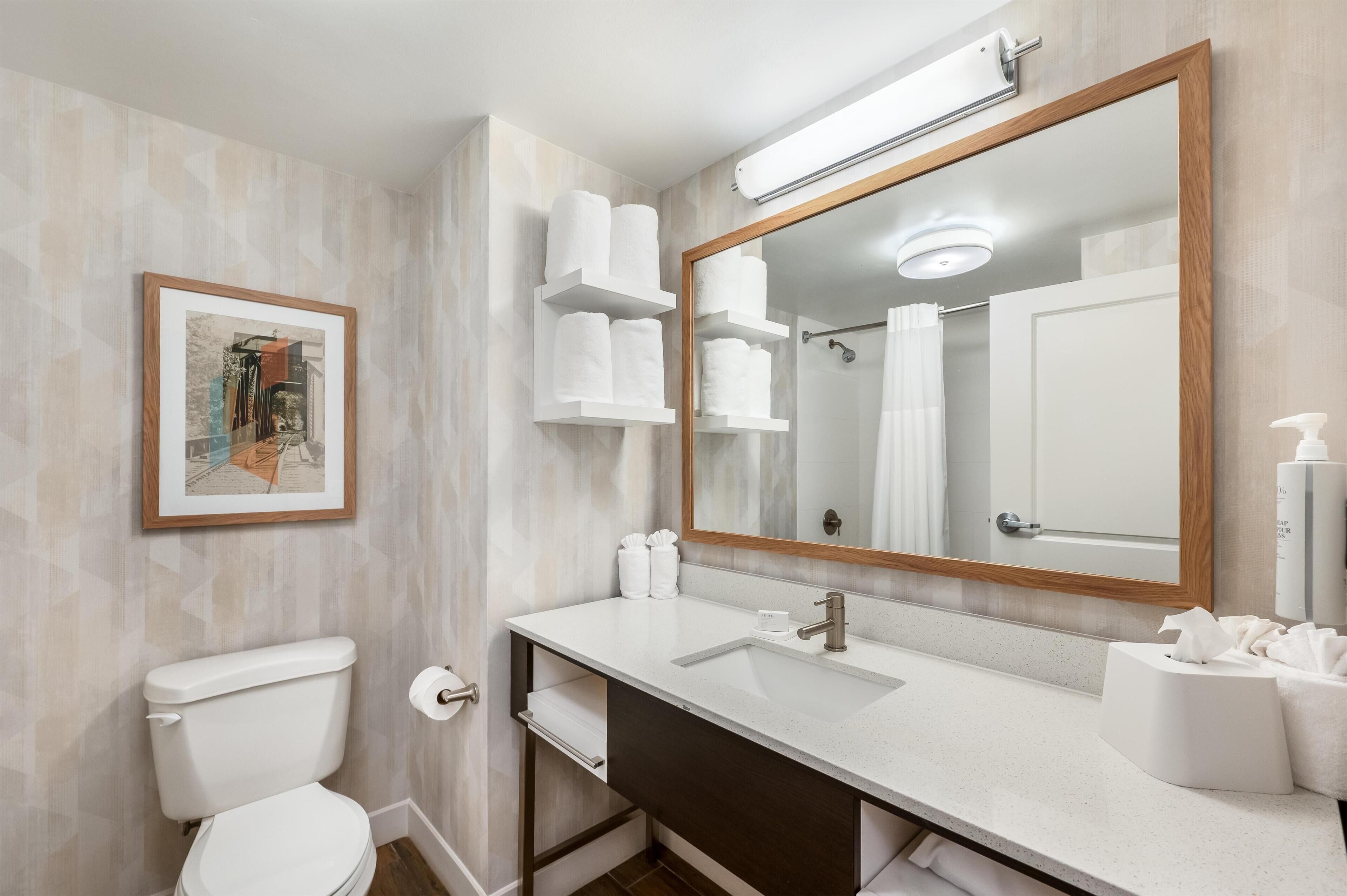 A modern bathroom with a toilet, sink, mirror, and towel racks.