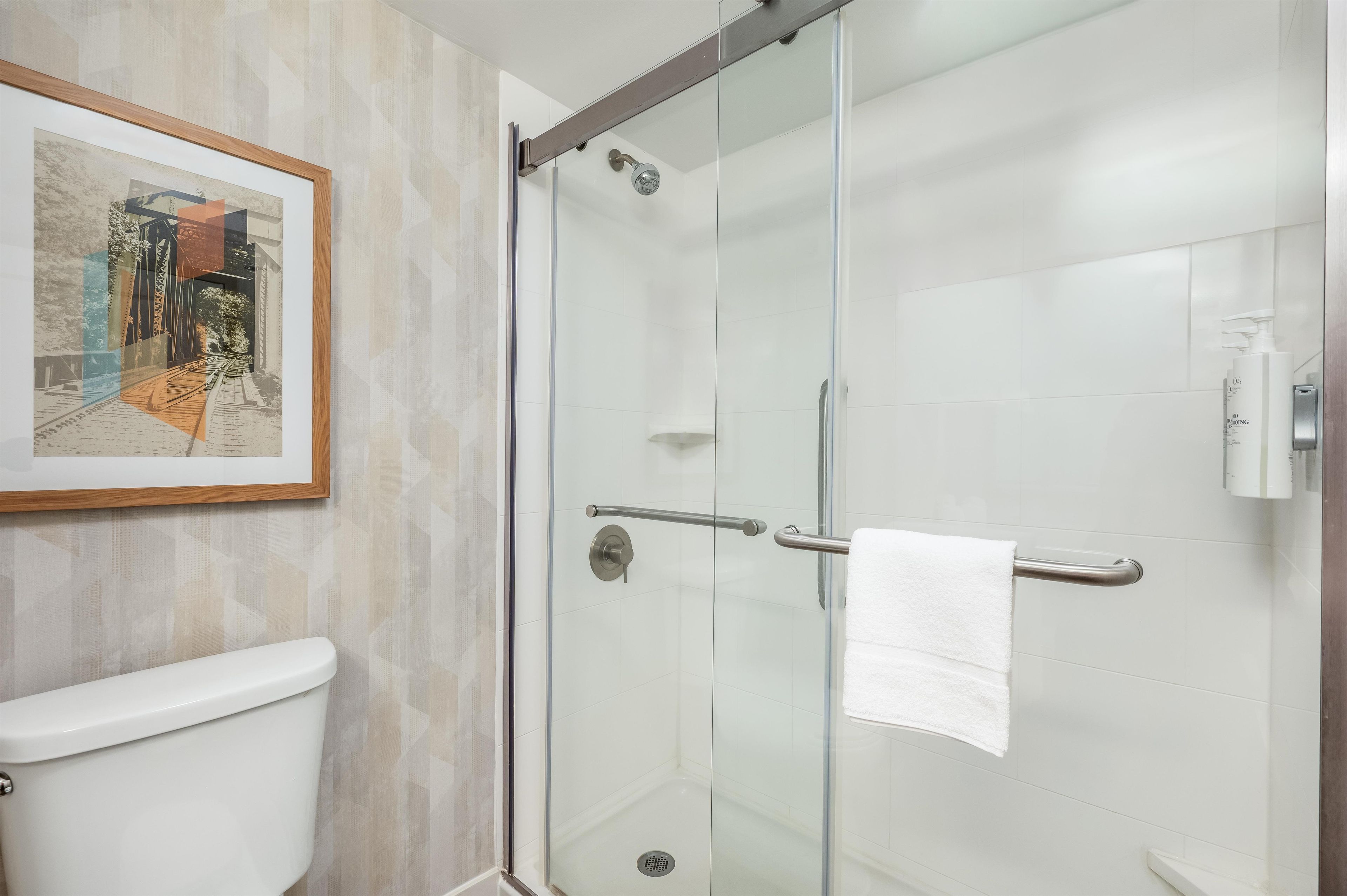 A bathroom with a glass shower enclosure, a toilet, and a framed picture on the wall.