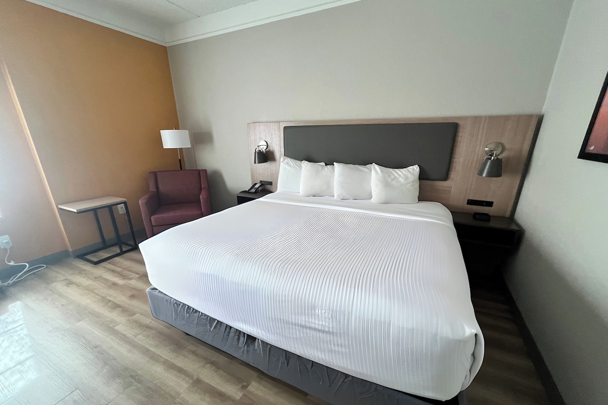 A hotel room with a large bed, a chair, a nightstand, and a lamp.