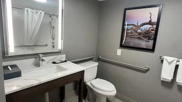 Une salle de bain moderne avec un lavabo blanc, un miroir et des toilettes. On y trouve une barre d’appui pour faciliter l’accès, un porte-serviettes et un tableau encadré au mur.