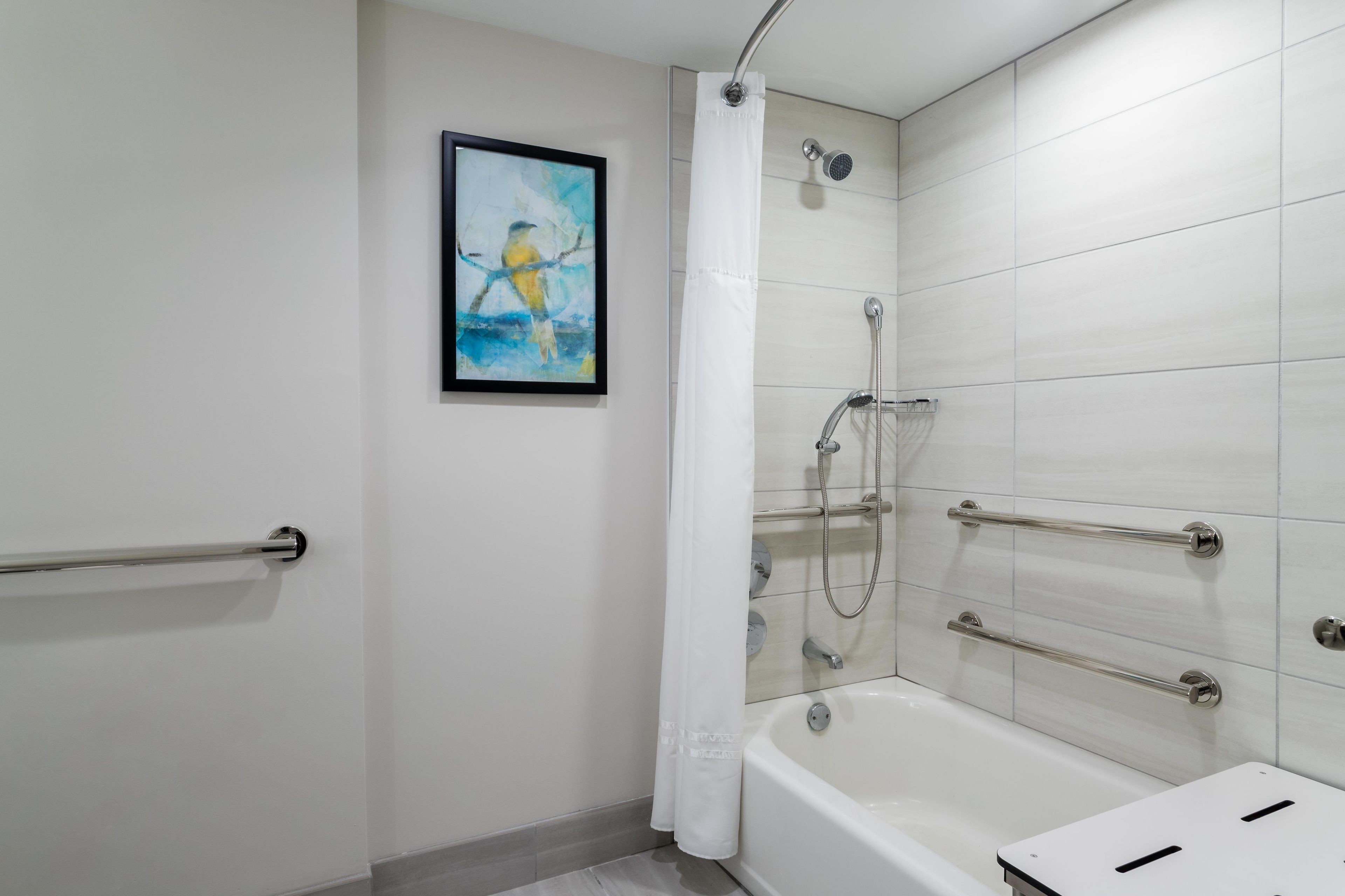 Un baño moderno con bañera, ducha y barras de apoyo.