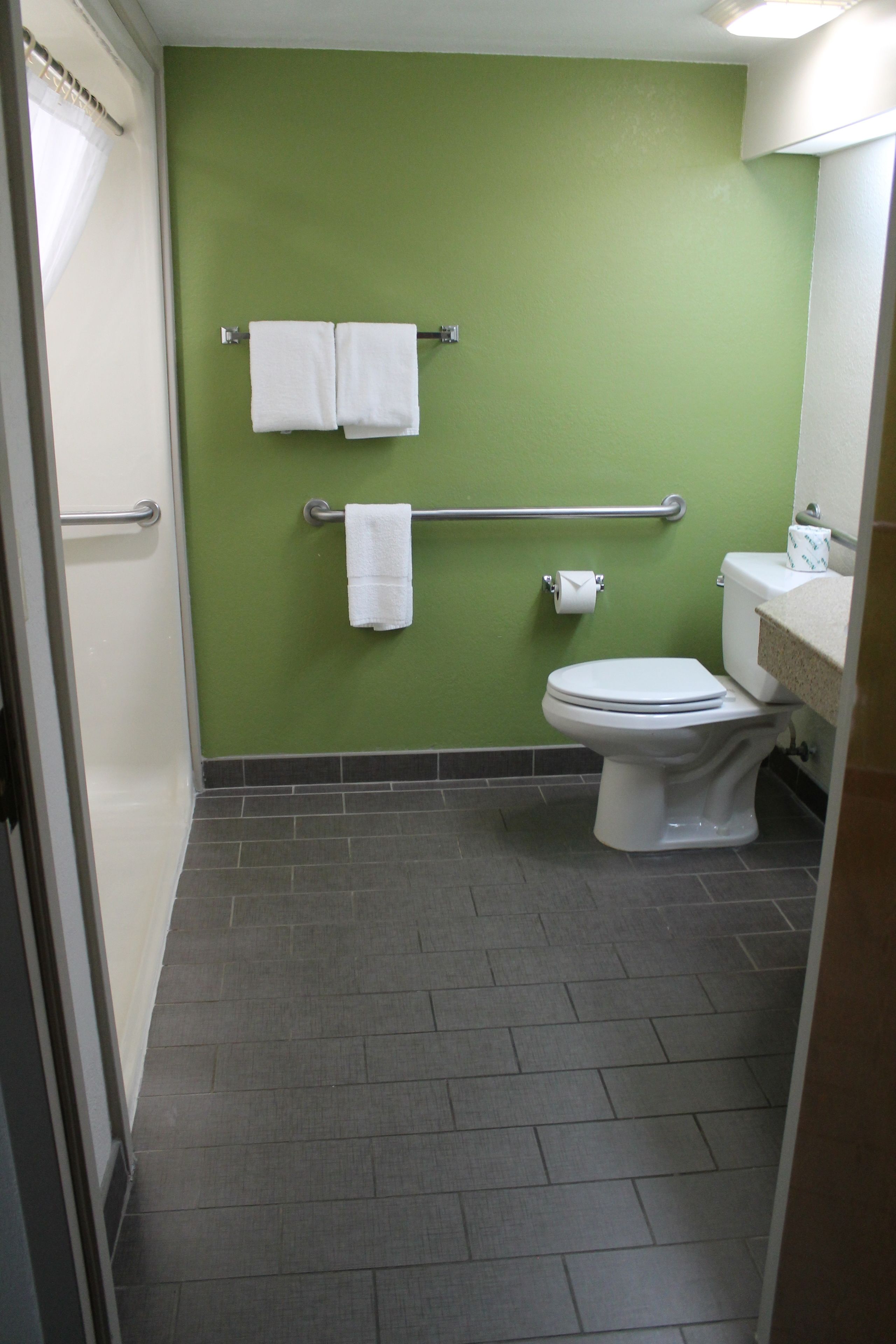 Une salle de bain avec des murs verts, des toilettes blanches et une barre d’appui.