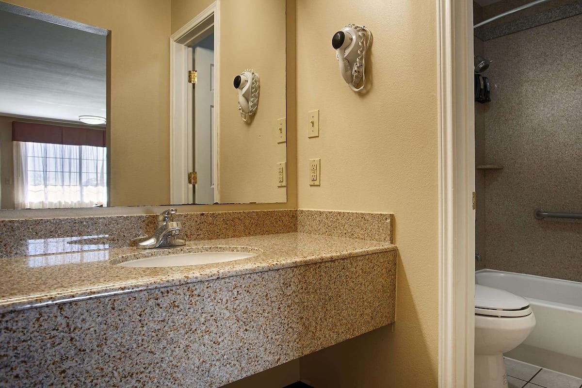 A bathroom with a granite countertop, a sink, a toilet, and a shower area.