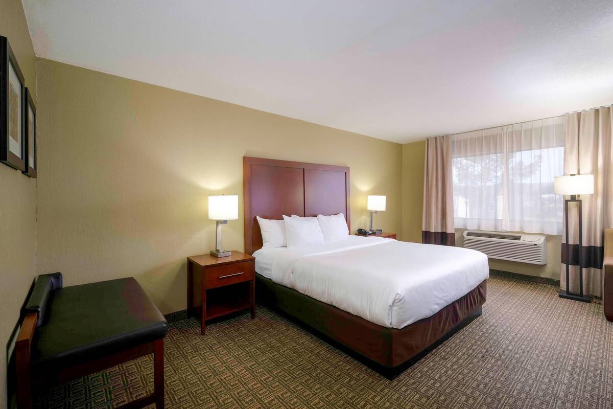 A hotel room with a large bed, two bedside tables with lamps, a small desk, and a chair.