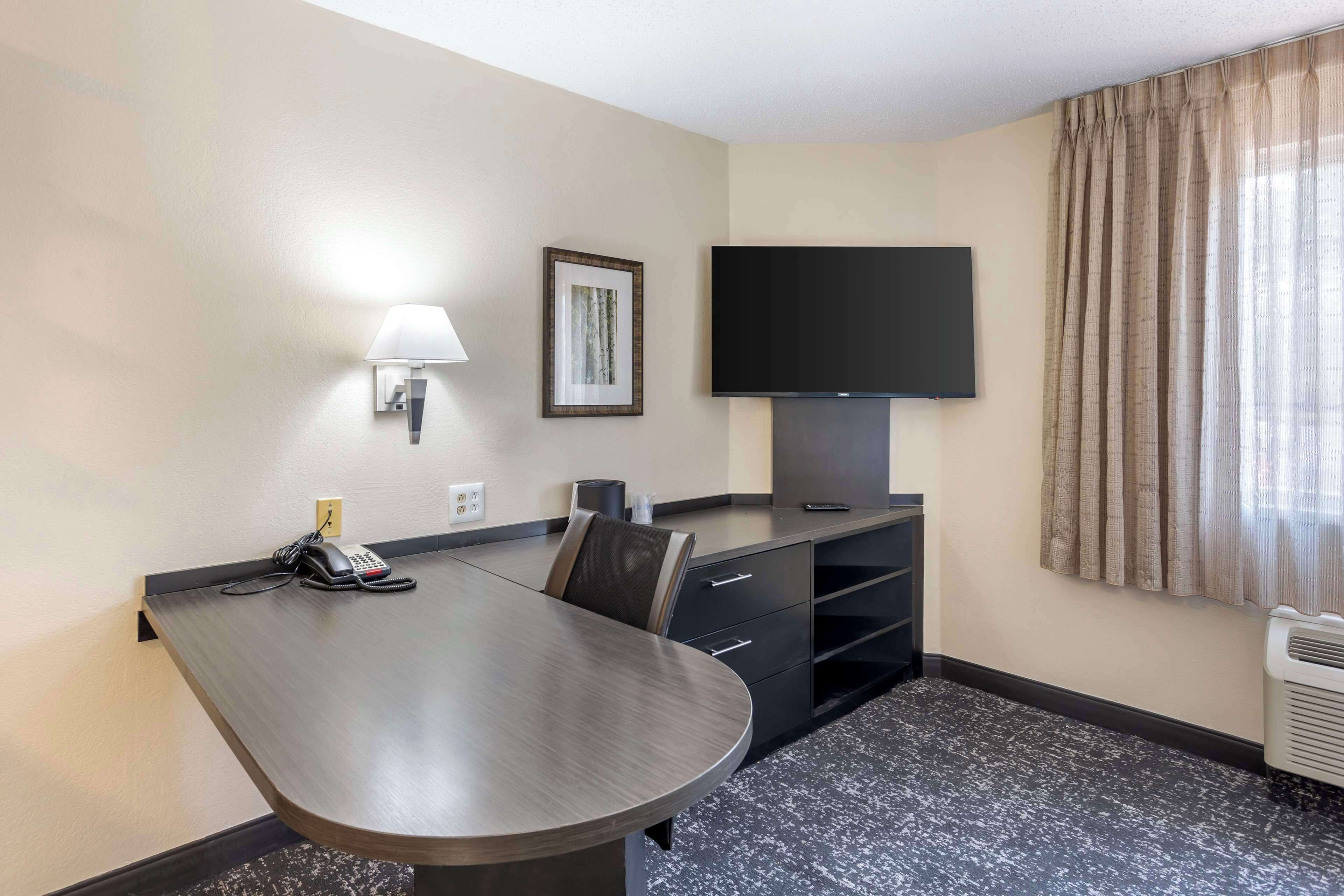 Une chambre d’hôtel avec un grand lit, une table de chevet, un téléviseur à écran plat fixé au mur et une fenêtre avec des rideaux.