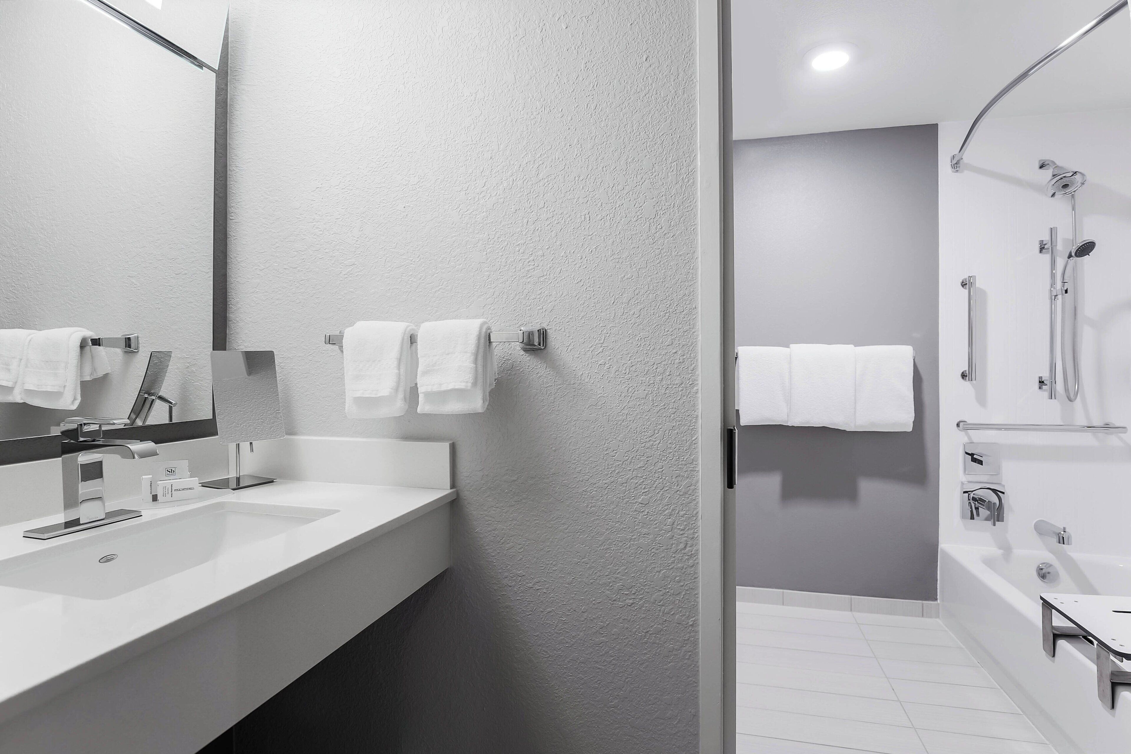 combined shower/bathtub, free toiletries, hair dryer, towels