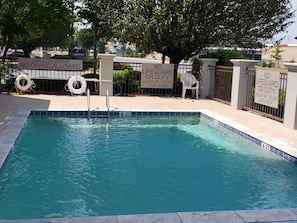 Seasonal outdoor pool, pool loungers