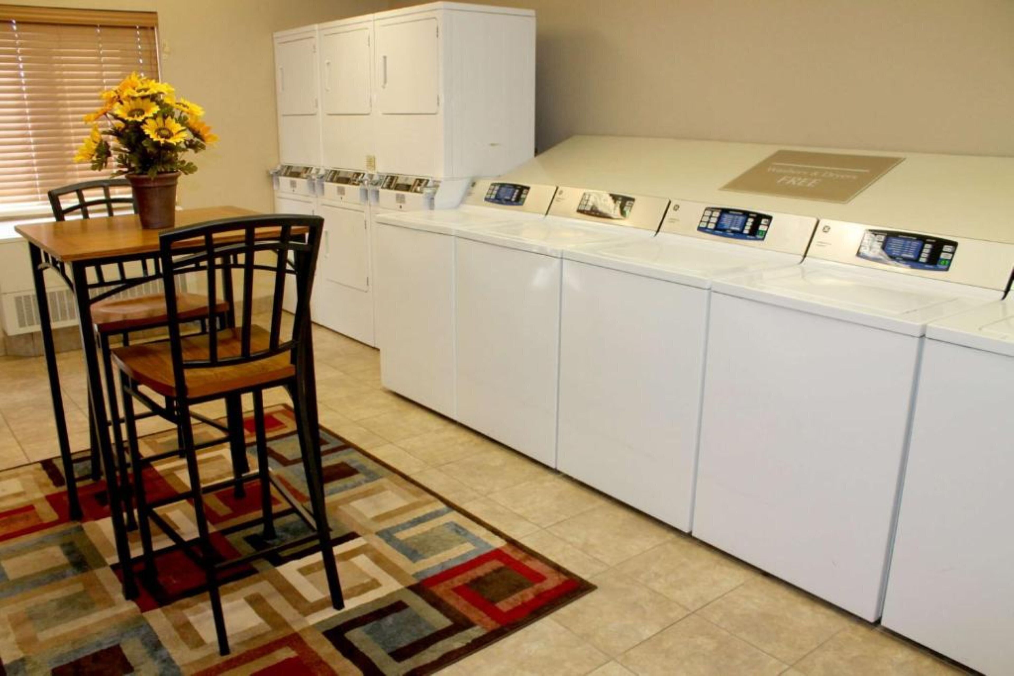 A laundry room with a table, chairs, a potted plant, and a washing machine.