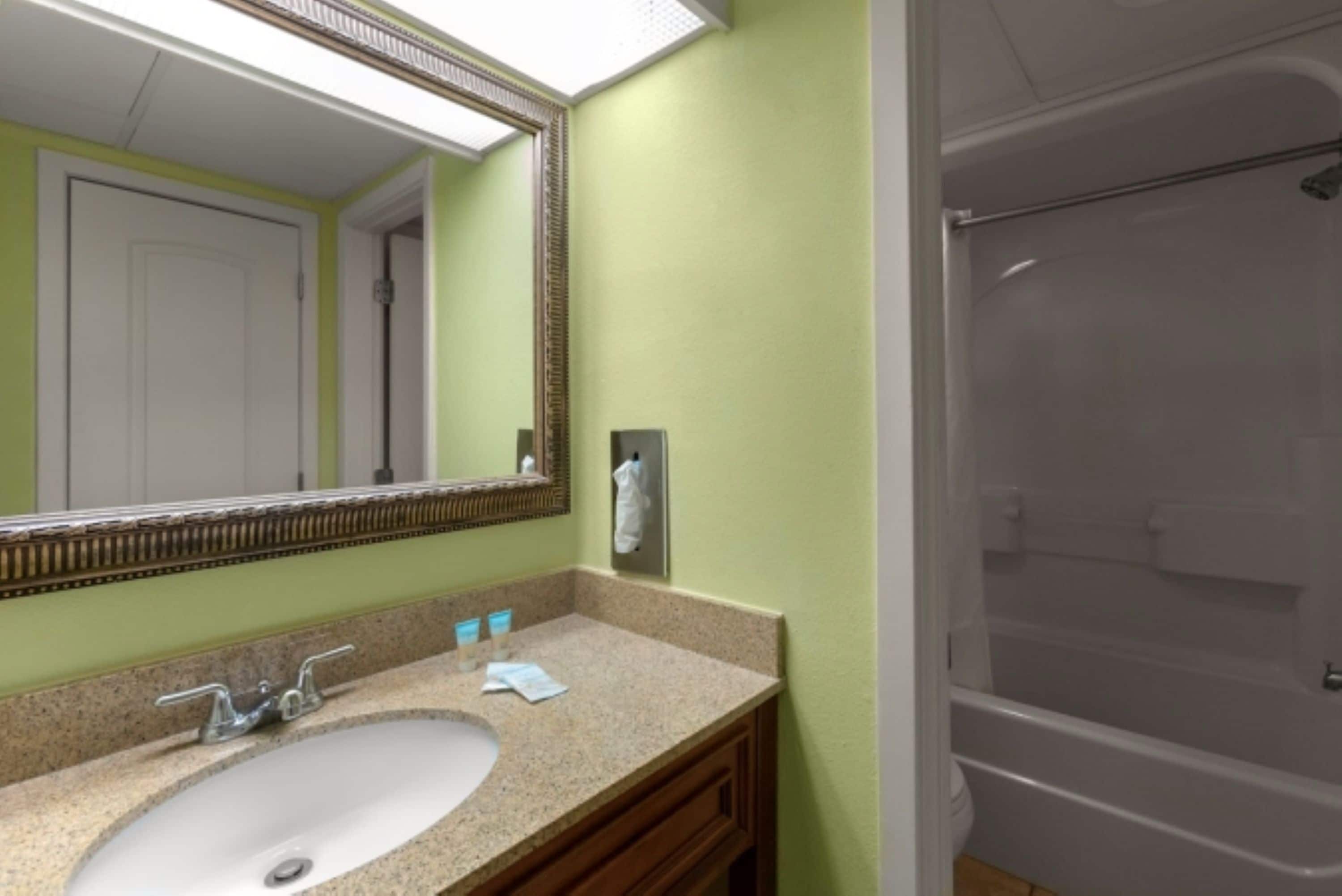 A bathroom with a sink, mirror, and shower.