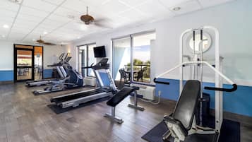 A gym with treadmills, a bench press, and a weight machine.