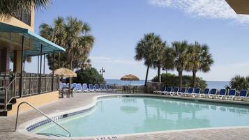 Indoor pool, outdoor pool, pool loungers